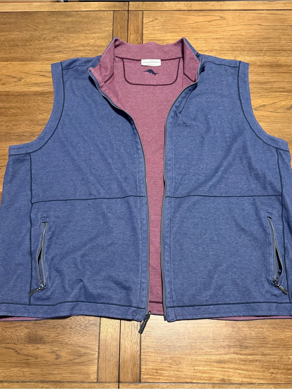 Tommy Bahama Blue Outer Vest with Maroon Interior - Zip Front